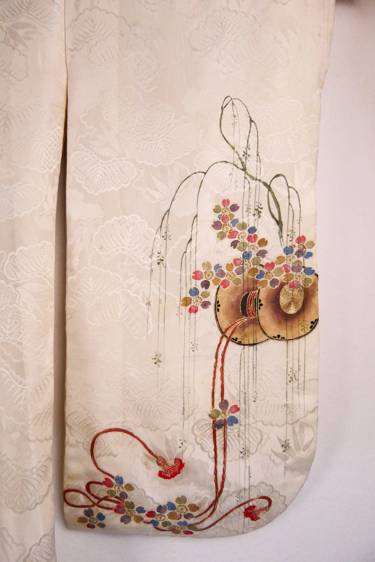 Meiji Weeping Wisteria Silk Kimono with Goldwork Knot Embroidery