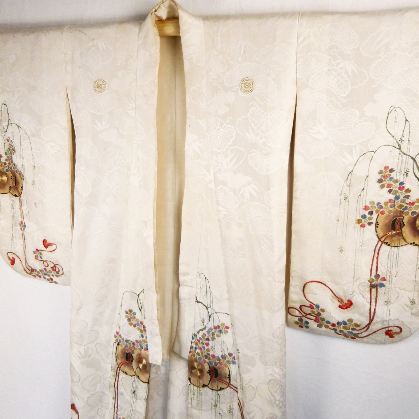 Meiji Weeping Wisteria Silk Kimono with Goldwork Knot Embroidery