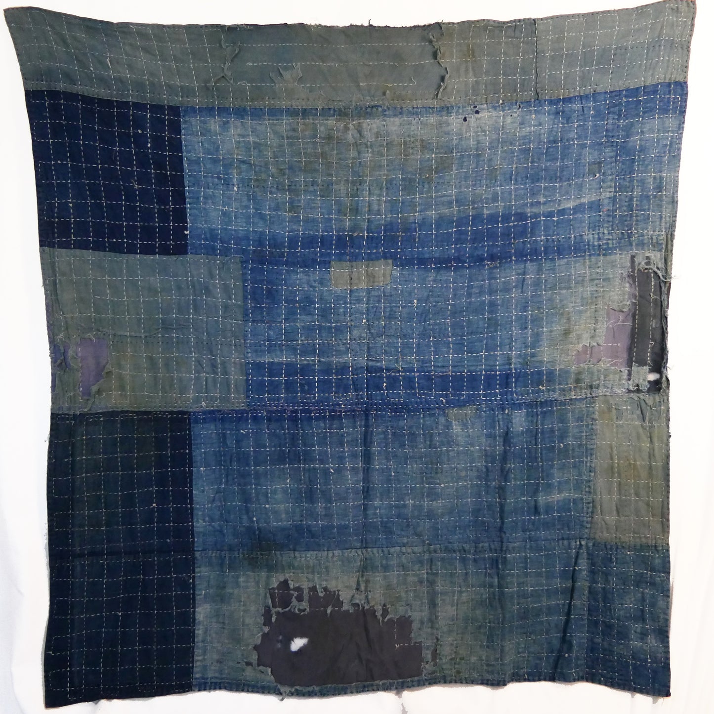 Meiji Period Okuaizu Boro Sashiko Rug with Squares