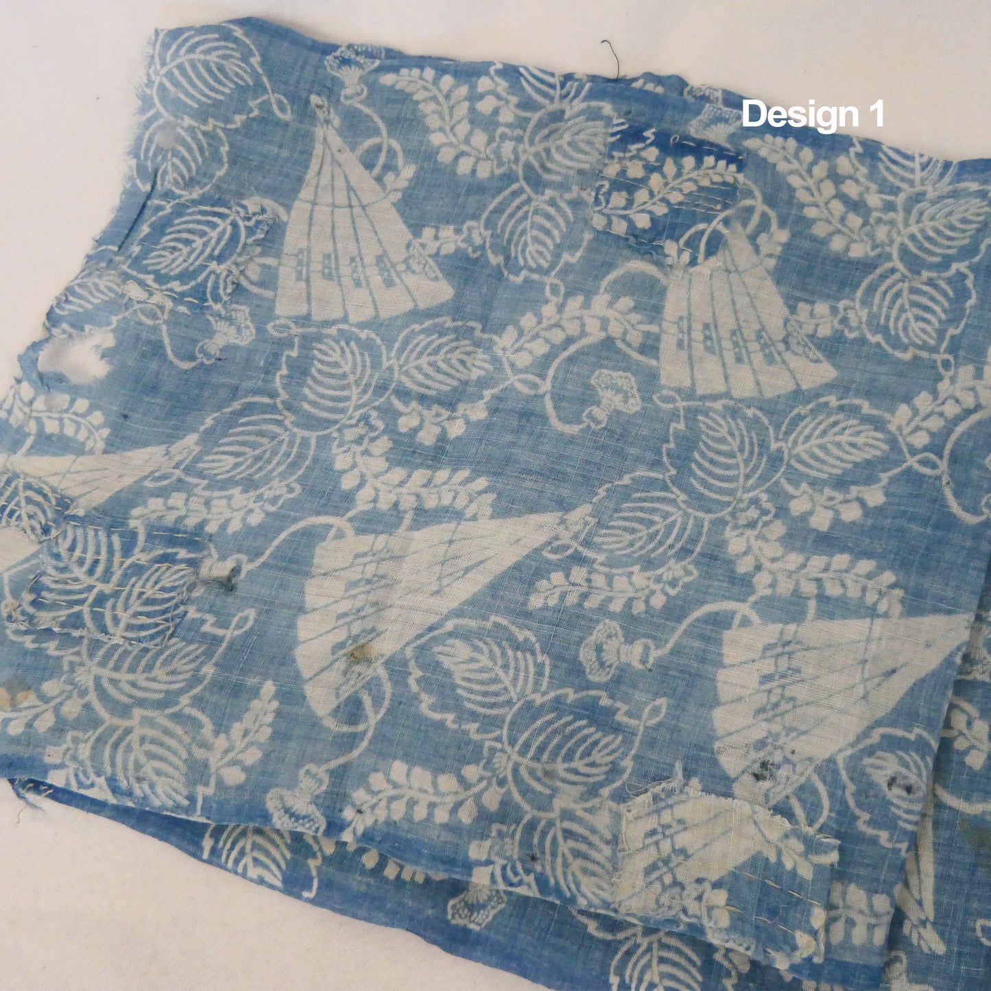 Edo Meiji Indigo Dyed & Rice Resist Hemp Fabric Fan Design 1