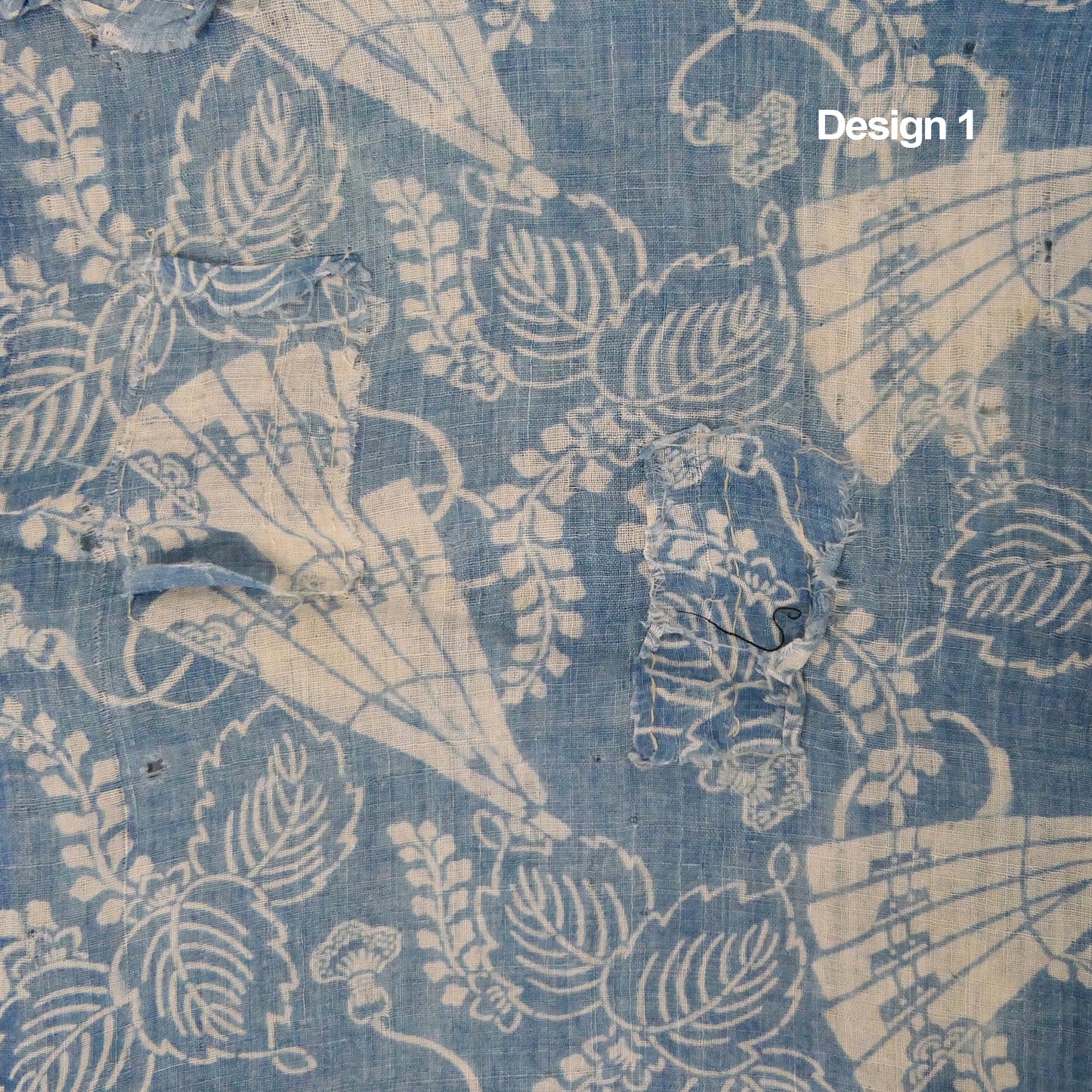 Edo Meiji Indigo Dyed & Rice Resist Hemp Fabric Fan Design 1