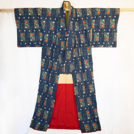 Vintage Showa Retro Red Flower Silk Kasuri Kimono