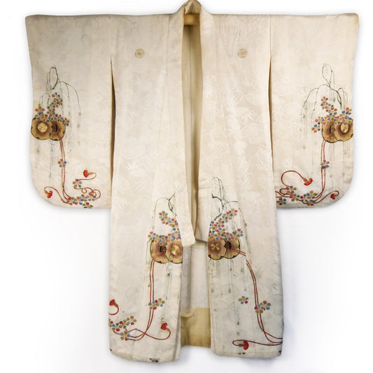 Meiji Weeping Wisteria Silk Kimono with Goldwork Knot Embroidery