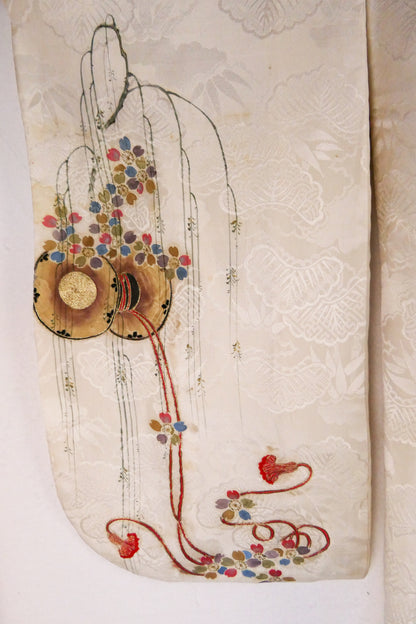 Meiji Weeping Wisteria Silk Kimono with Goldwork Knot Embroidery