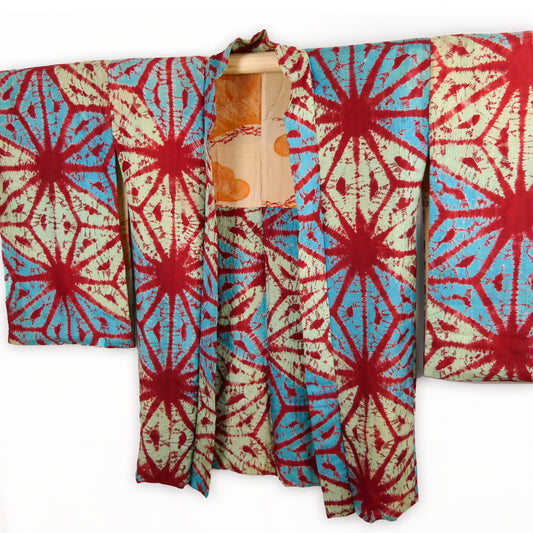 Antique Shibori Star Pattern Haori Short Kimono Jacket Pure Silk