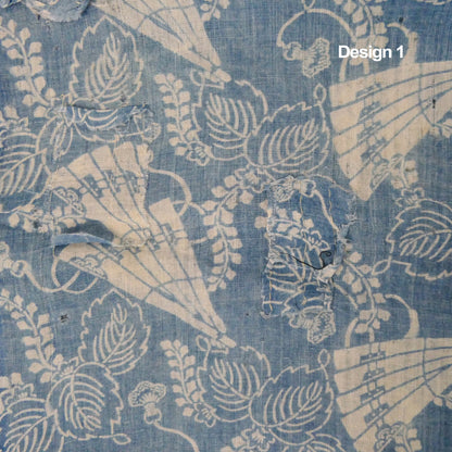 Edo Meiji Indigo Dyed & Rice Resist Hemp Fabric Fan Design 1